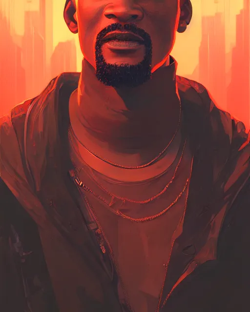 Image similar to portrait of cyberpunk will smith, grim - lighting, high - contrast, intricate, elegant, highly detailed, digital painting, artstation, concept art, smooth, sharp focus, illustration