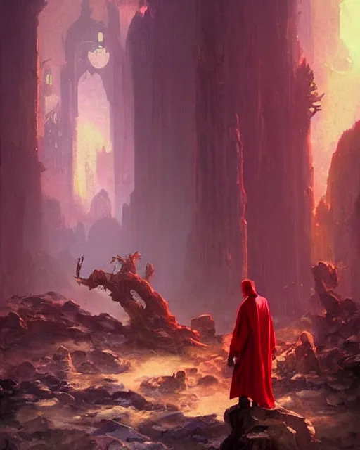 Image similar to a fantasy painting with a wizard in red robes in the foreground of a surreal environment by greg rutkowski and michael whelan