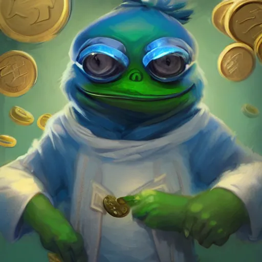 Image similar to super rich happy pepe, luxury, treasury, coins, money, hyper detalied, blue crystals, greg rutkowski, artstation