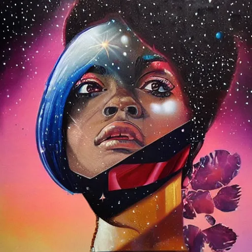 Image similar to painting of a character doing the moonwalk by Sandra Chevrier in a cosmic scenic environment, trending on Artstation, hyperdetailed, beautiful, stars, planets, nebula