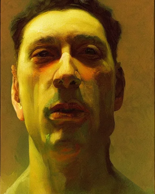 Image similar to painterly portrait, william fitchner, impasto, fantasy, chuck close:7, carl spitzweg:7, cinematic light, full face, symmetrical face