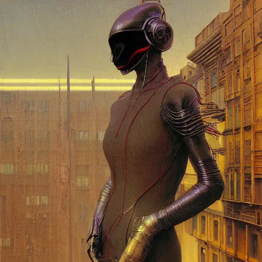Image similar to portrait of masked cyberpunk scientist on the art deco streets of the Empire city, award-winning realistic sci-fi concept art by Beksinski, Bruegel, Greg Rutkowski, Alphonse Mucha, and Yoshitaka Amano