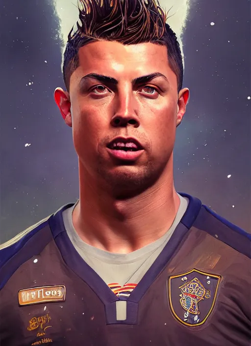 Image similar to highly detailed hyperrealistic portrait of ronaldo nazario, stephen bliss, unreal engine, fantasy art by greg rutkowski, loish, rhads, ferdinand knab and lois van baarle, ilya kuvshinov, rossdraws, tom bagshaw, alphonse mucha, global illumination, detailed and intricate environment