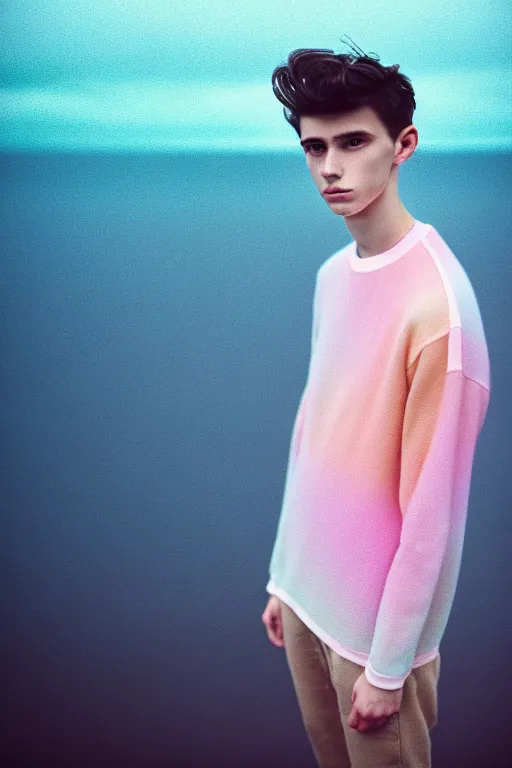 Image similar to high quality pastel coloured film mid angle docu photograph of a beautiful young 2 0 year old male, soft features, short black hair, extremely oversized!!! clothing!! next to icelandic black rock pool environment. atmospheric. three point light. photographic. art directed. ( pastel colours ). volumetric light. clearcoat. waves glitch. 8 k. filmic.