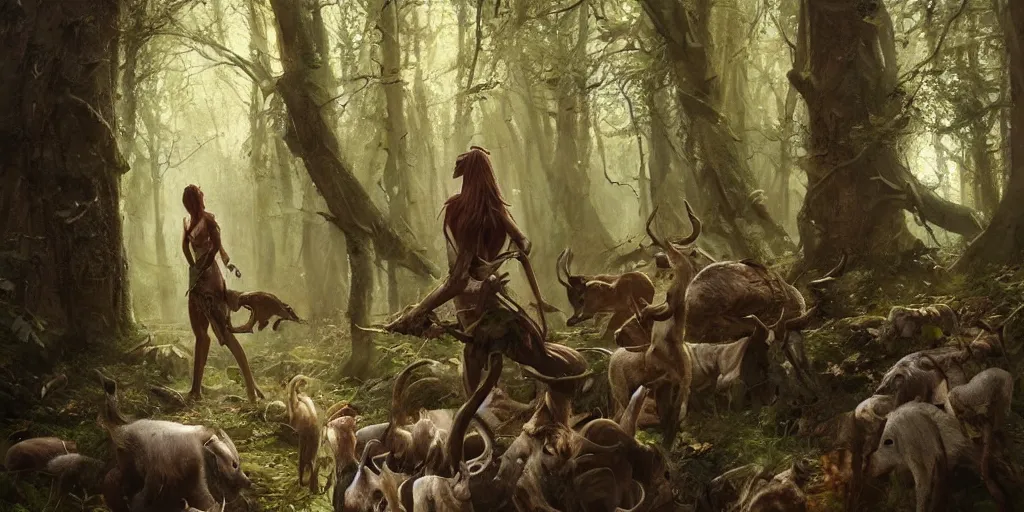 Image similar to 'wood-elf surrounded by animals in the woods, art by Greg Rutkowski, 4k'