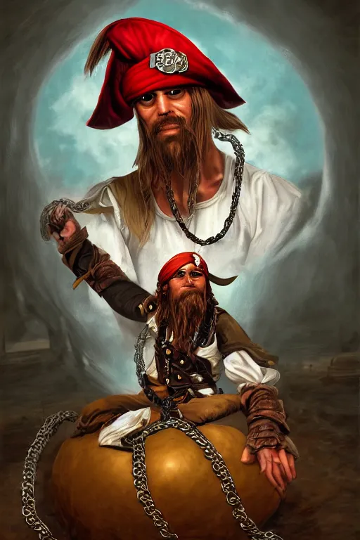 Prompt: aesthetic digital portrait of a pirate wearing a ball and chain by miyamoto and alex horley - orandelli, sitting in a prison, centered, deviantart