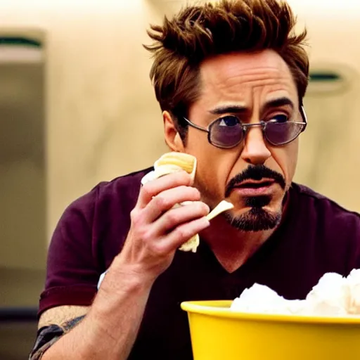 Image similar to a full portrait photo of robert downey jr eating ice cream in movie iron man, f / 2 2, 3 5 mm, 2 7 0 0 k, lighting, perfect faces, award winning photography.