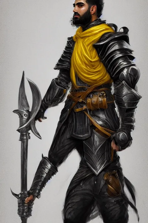 Prompt: Arab man light beard, curly hair, knight, hero, leather , yellow and charcoal, character concept art, costume design, trending on artstation, Artgerm , WLOP