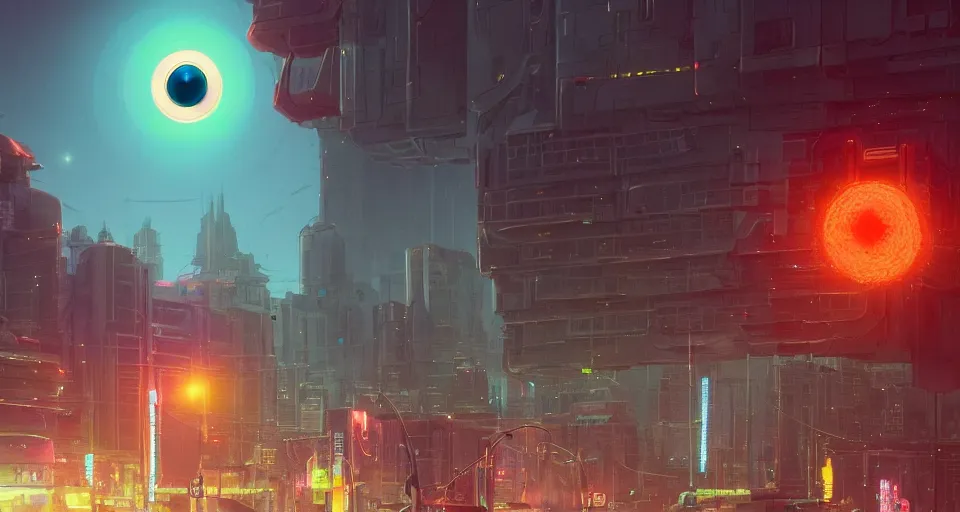 Prompt: A very beautiful cityscape scene with a GIANT LASER EYEBALL looming in the distance, rendered by simon stålenhag, rendered by Beeple, Makoto Shinkai, syd meade, environment concept, digital art, Gundam style, starwars, unreal engine, 3 point perspective, WLOP, trending on artstation, low level, 4K UHD image, octane render,
