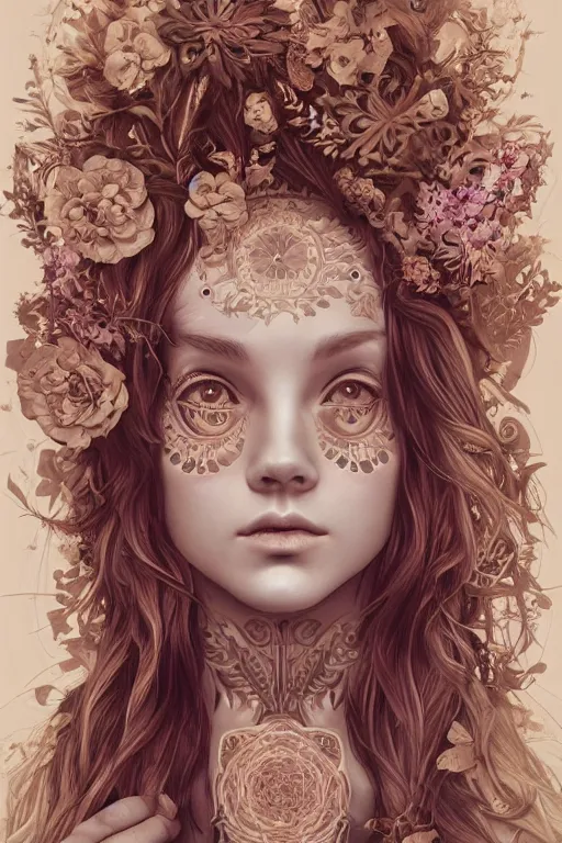 Prompt: a symmetrical portrait with esoteric symbols on the skin and flowers in the hair, intricate, hyperrealistic, concept art, digital art