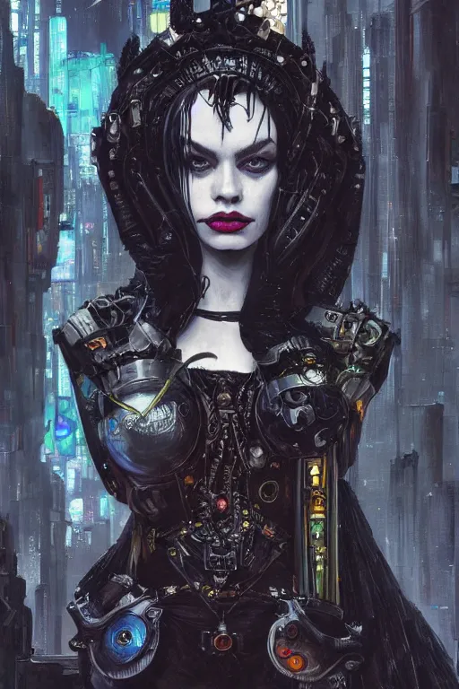 Image similar to portrait of beautiful gothic Margo Robbie, cyberpunk, Warhammer, highly detailed, artstation, illustration, art by Gustav Klimt