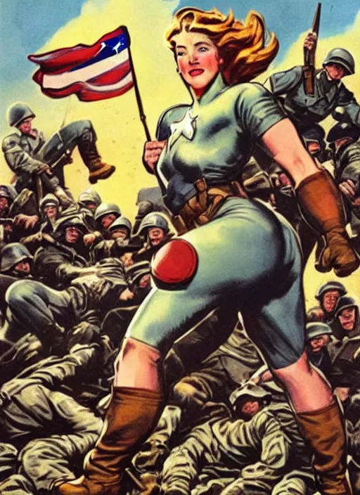 Image similar to beautiful female captain america standing on a pile of defeated and beaten german soldiers. feminist captain america wins wwii. american wwii propaganda poster by james gurney. gorgeous face. overwatch