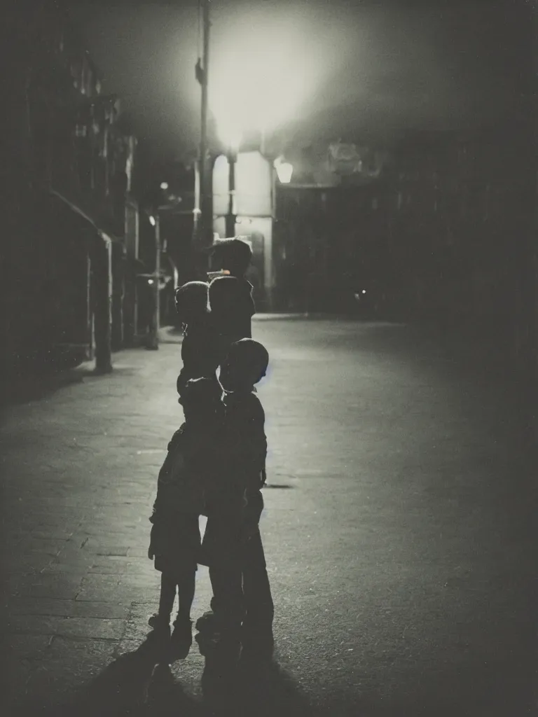 Image similar to a couple of kids posing for a picture at night, dark, backlighting, small village, empty town square, old color polaroid