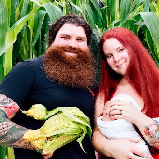 Prompt: photo of an attractive couple. The woman has long straight red hair. The man has a dark thick neatly groomed beard and tattoos. They are holding a giant corn and a cute baby.