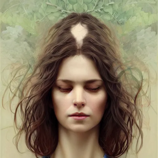 Prompt: portrait of a middle aged artsy woman, avangarde, unique, artistic soul, nature, plants, wool, upper body, long hair, intricate, elegant, highly detailed, digital painting, artstation, concept art, matte, sharp focus, illustration, art by artgerm and greg rutkowski and alphonse mucha