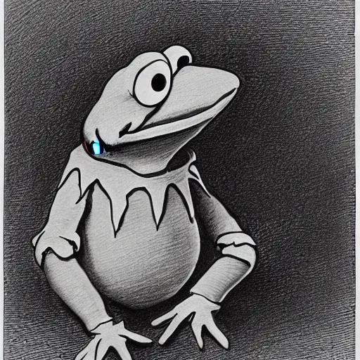 Image similar to Kermit the Frog from Sesame Street by Gustave Dore, full body grayscale drawing