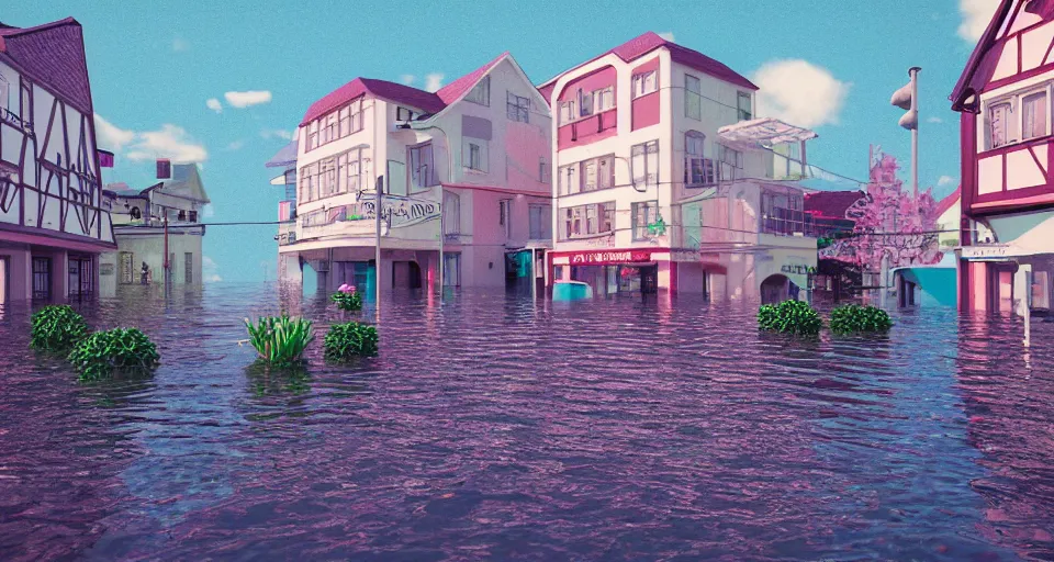 Prompt: 80s vaporwave outrun 3d Render of a german town being flooded, liminal space retro, grainy, noisy