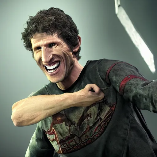 Image similar to A photo of Bethesda Game Studio's Todd Howard manically laughing, 4K UHD, high quality, amazing quality, studio quality, studio lighting
