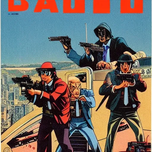 Prompt: 1979 OMNI Magazine Cover bank robbers, Bank Robbery Movie, Anime, Highly Detailed, Inspired by Golgo 13 + Lupin the 3rd , 8k :4 by Vincent Di Fate + Katsuhiro Otomo : 8