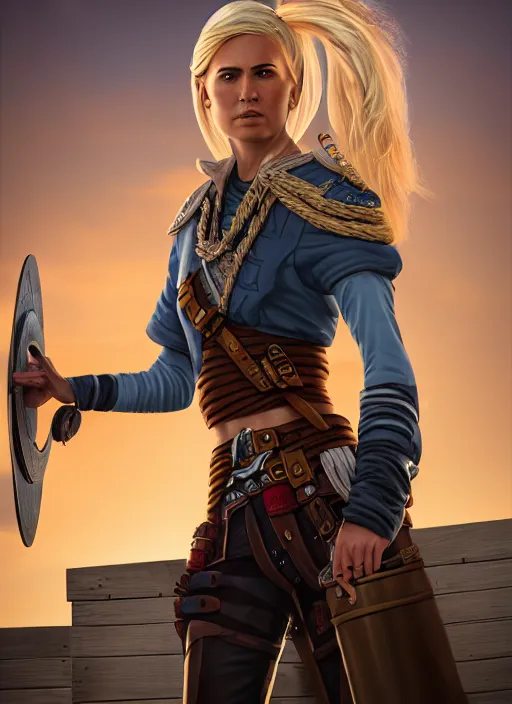 Image similar to An epic fantasy comic book style portrait painting of tall blonde haired female sky-pirate with a serious face and a pony tail in front of a metal gangplank in the style of the wheel of time, unreal 5, DAZ, hyperrealistic, octane render, cosplay, RPG portrait, dynamic lighting