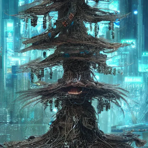 Image similar to hat tree, aatree that is growing hats, highly detailed, illustration, sci - fi art, cyberpunk, epic, realistic, intricate, hyper detailed, artstation, concept art, smooth, sharp focus, ray tracing