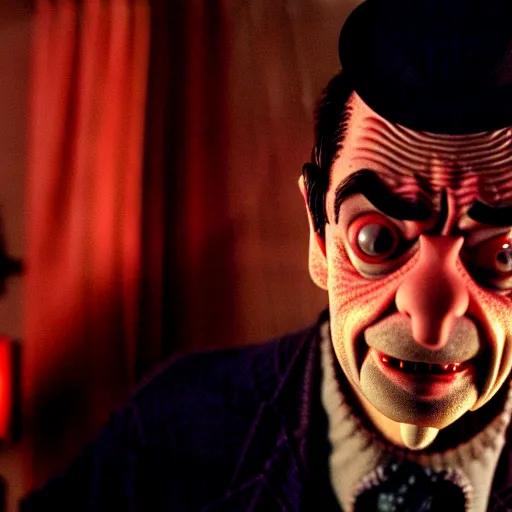 Image similar to mr. bean as freddie krueger. movie still. cinematic lighting.