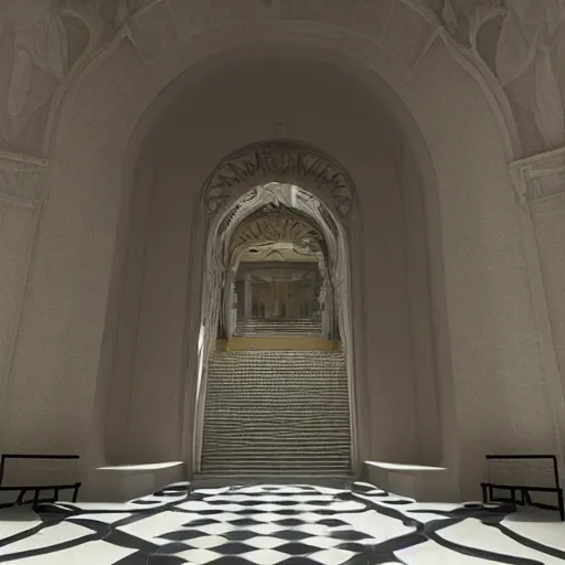 Image similar to the grand magical entrance, marble floors, art by kotaro chiba, volumetric lighting, epic composition