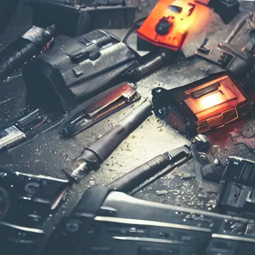 Image similar to augmented human repairing weapon made from old scratched sony walkman, dark messy smoke - filled cluttered workshop, dark, dramatic lighting, orange tint, cinematic, highly detailed, sci - fi, futuristic, movie still from blade runner