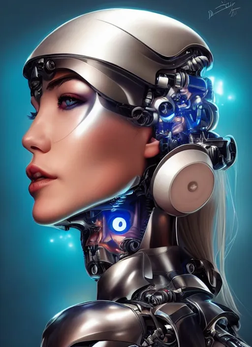 Image similar to portrait of a cyborg woman who turns her head to the ((((((right))))) left+3 (((((up))))) (((((down))))) by Artgerm,eyes closed , biomechanical, hyper detailled, trending on artstation