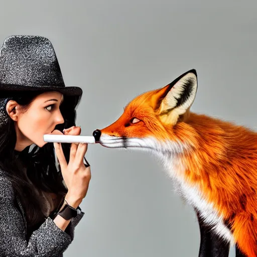 Prompt: a polygamous fox with a hat drinking beer and smoking e - cigarette, studio photo