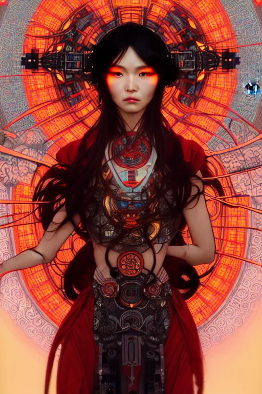 Image similar to akira from chinese mythology, hi - tech luciferian synthetic, gorgeous and huge head ornaments, dystopian, cyberpunk, mecha, cinematic dramatic light, ominous, intricate, studio, art by alphonse mucha, concept art, 4 k, sharp focus