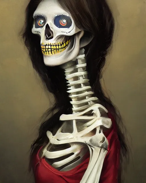 Prompt: a surrealistic head and shoulder painting of a gorgeous female skeleton with cat eyeballs and lipstick and hoodie, in the style of sir james guthrie and greg rutkowski, digital art, detailed masterpiece