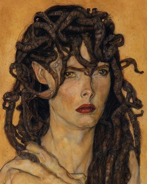 Image similar to portrait of medusa with many pythons by greg rutkowski in the style of egon schiele