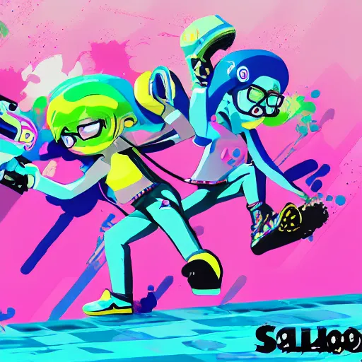 Image similar to splatoon, retrowave epic art, trending on art station