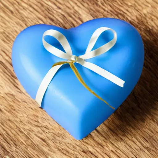 Image similar to heart shaped candle with blue ribbon, photorealistic, ultradetailed