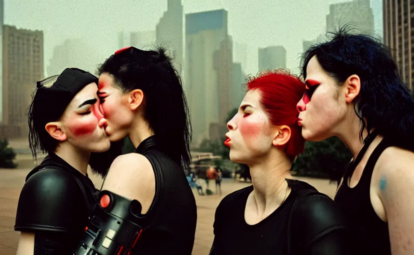 Image similar to cinestill 5 0 d photographic portrait by helen levitt of a kiss between two diverse loving female cyborgs wearing black techwear in a retrofuturist garden, extreme closeup, modern cyberpunk, dust storm, 8 k, hd, high resolution, 3 5 mm, f / 3 2, ultra realistic faces, intricate detail, ex machina