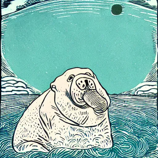 Image similar to freya the walrus in heaven, linocut