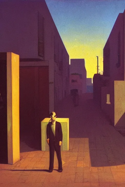 Image similar to eerie tel aviv street mystery at dusk, colorful film noir scene. by moebius, giorgio de chirico, edward hopper