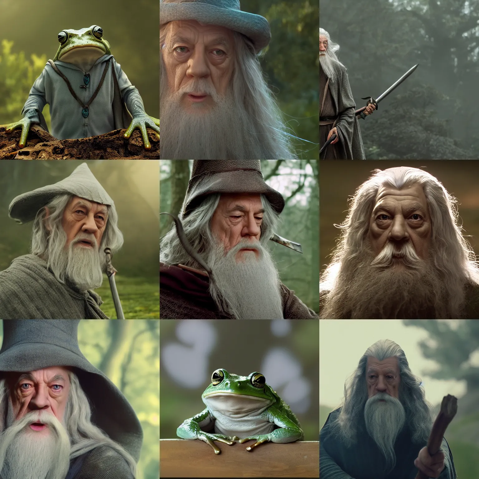 Prompt: gandalf as a frog, cinematic shot, 8 k, film still