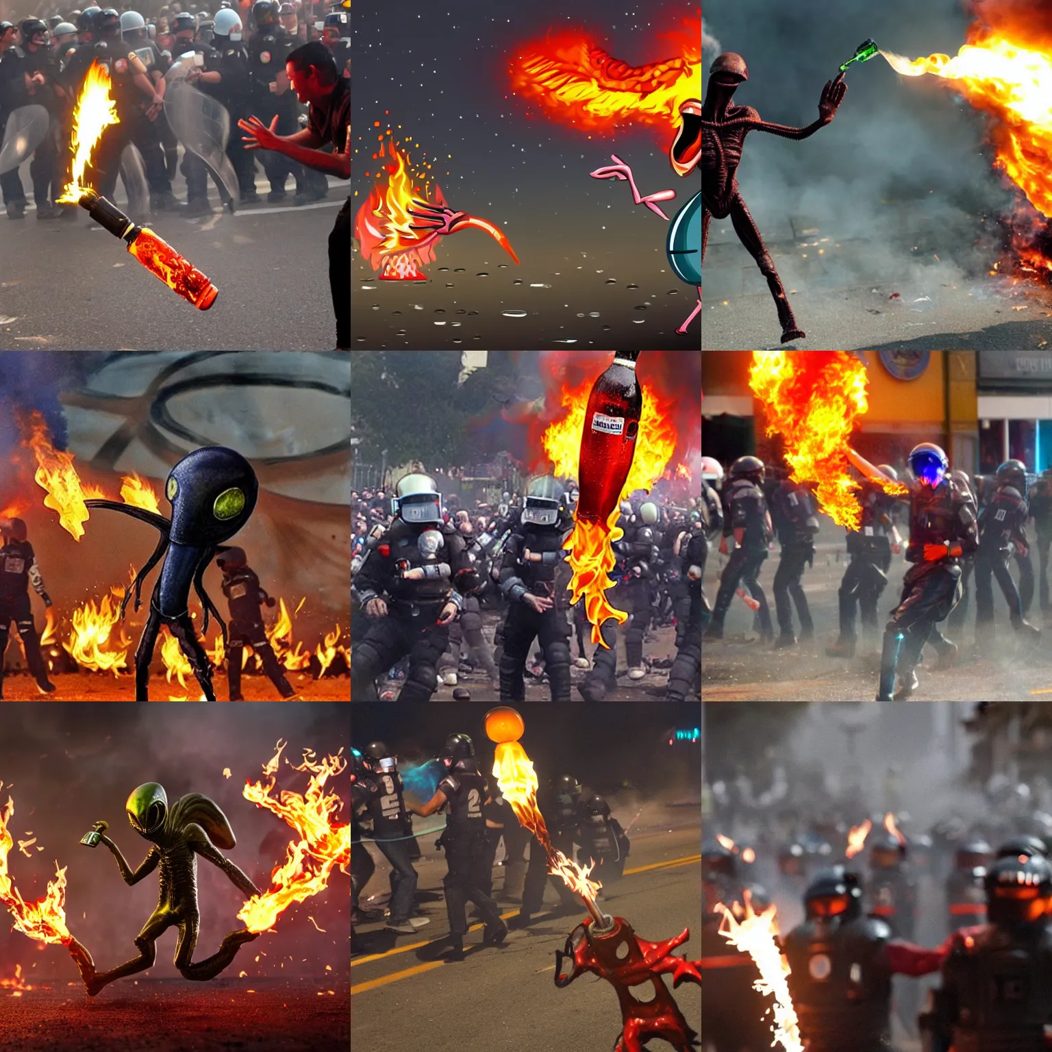 Prompt: alien throwing flaming bottle at a riot