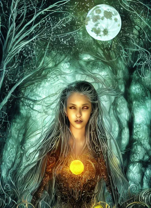 Prompt: glowing silver and golden elements, full close-up portrait, A beautiful dark witch in front of the full big moon, book cover, colorful gems, green forest, red white black colors, establishing shot, extremly high detail, foto realistic, cinematic lighting, pen and ink, intricate line drawings, by Yoshitaka Amano, Ruan Jia, Kentaro Miura, Artgerm, post processed, concept art, artstation, matte painting, style by eddie, raphael lacoste, alex ross