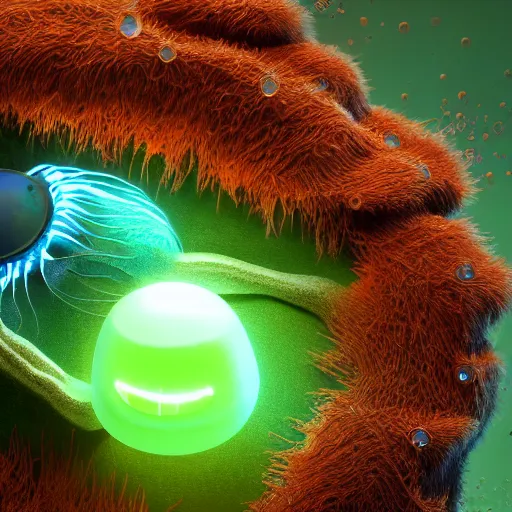 Image similar to tiny single - cell creature, floating, rbc, radiolaria, protophyta, micro - organisms, center, symmetric, rim light, marine microbiology, bioluminescence, electric, fur, soft, concept art, intricate details, highly detailed, colorful, photorealistic, disney pixar, octane render, iridescent, anime, 8 k