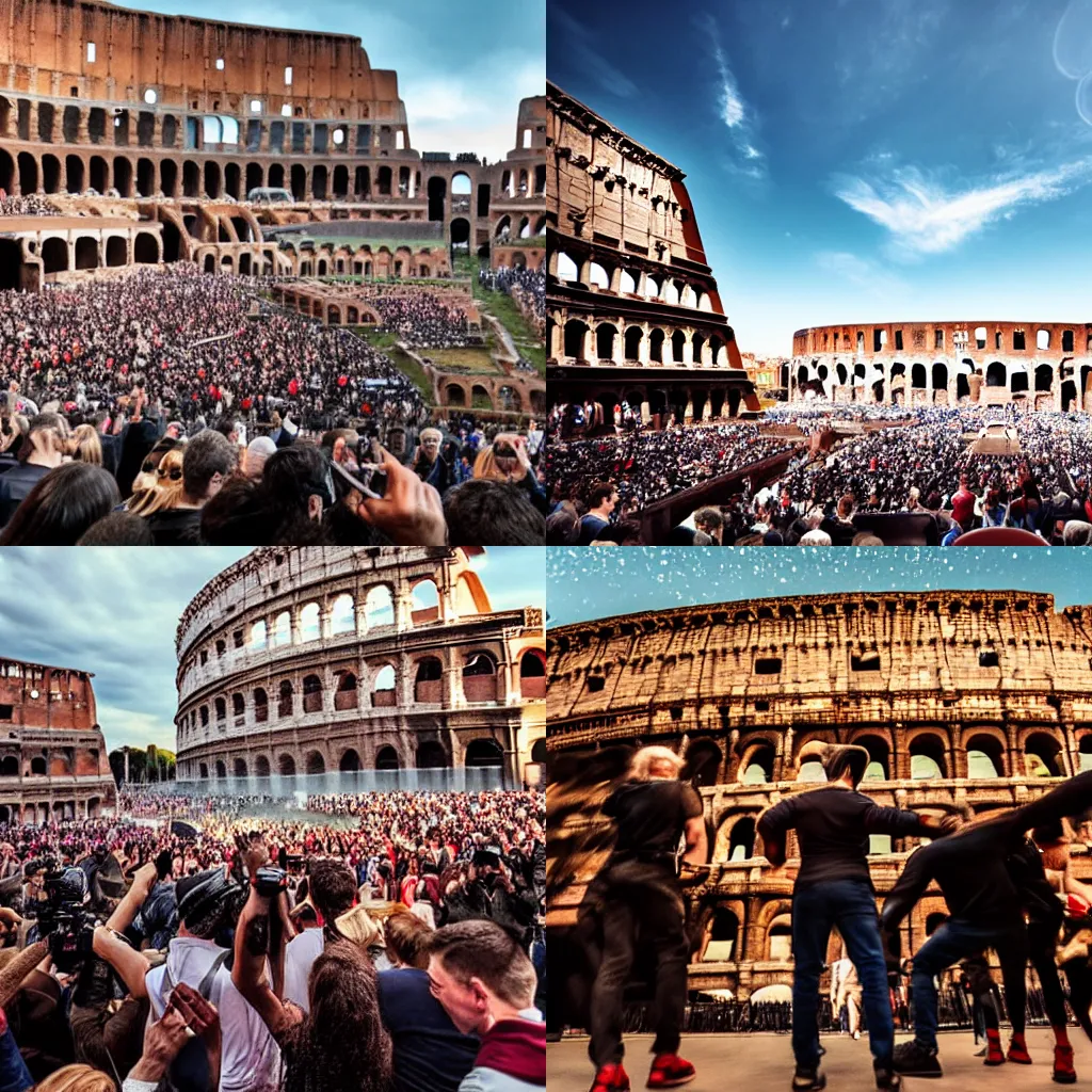 Prompt: Fight between julius caesar and elon musk in the colosseum, large crowd in background, bokeh, action, cinematic composition, digital photography, award winning