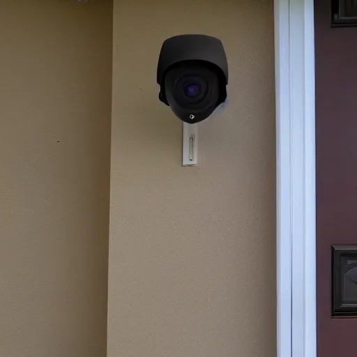 Image similar to Security camera photo a flying pillow, photo was taken in front of someone front door, realistic, low resolution, 720p x 480p.