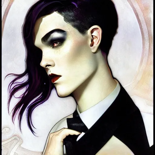 Image similar to beautiful portrait of androgynous ruby rose as desire from sandman in a white tuxedo!!!, rockabilly style, by alphonse mucha, cedric peyravernay, by jeremy mann, by frank moth, white suit and black tie, soft lightning, high detailed, 8 k