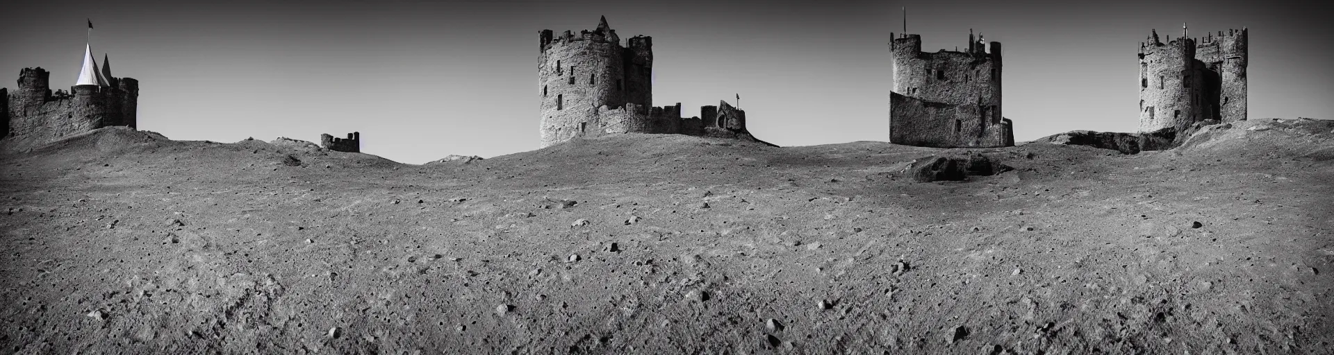 Prompt: landscape photography of the lunar surface with a spooky medieval castle tower on the far left