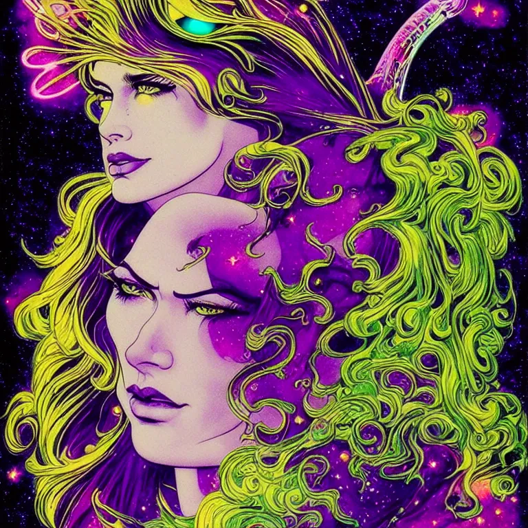 Image similar to cosmic maiden, head shot, mcu, realistic face, crystal, bright neon colors, highly detailed, cinematic, eyvind earle, tim white, philippe druillet, roger dean, lisa frank, aubrey beardsley
