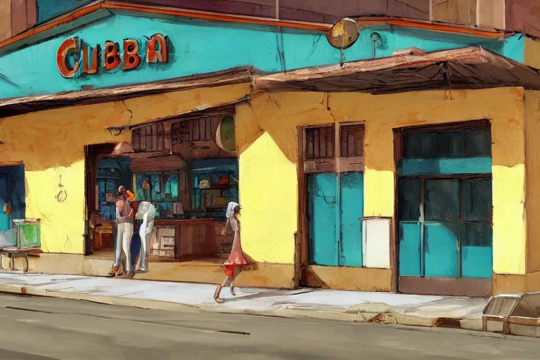 Prompt: concept art, painting of cuban bakery, empty, no food, digital anime art, good lighting,