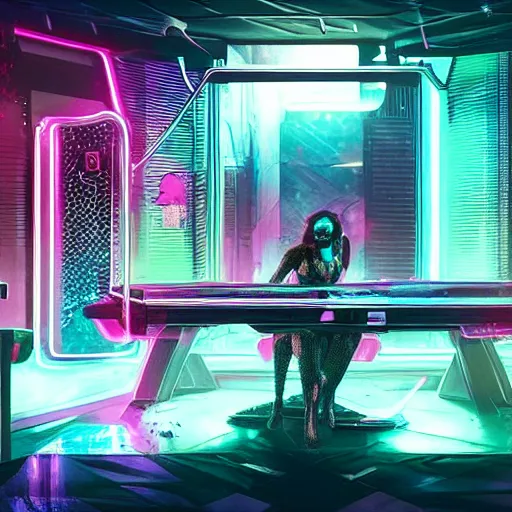 Prompt: cyberpunk 2077 nightclub, 5 gang members shit in a dark neon lit nightclub booth, with a holographic stripper projected from the table in the middle of them all. The stripper is performing salacious acts with a white snake, she is covered in neon tattoos. Trending on art startion, highly detailed, 8k, concept art, syd mead