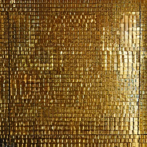 Prompt: a wall made of geometric gold pieces overlaying each other. The wall is bordered by a copper tinted mirror.